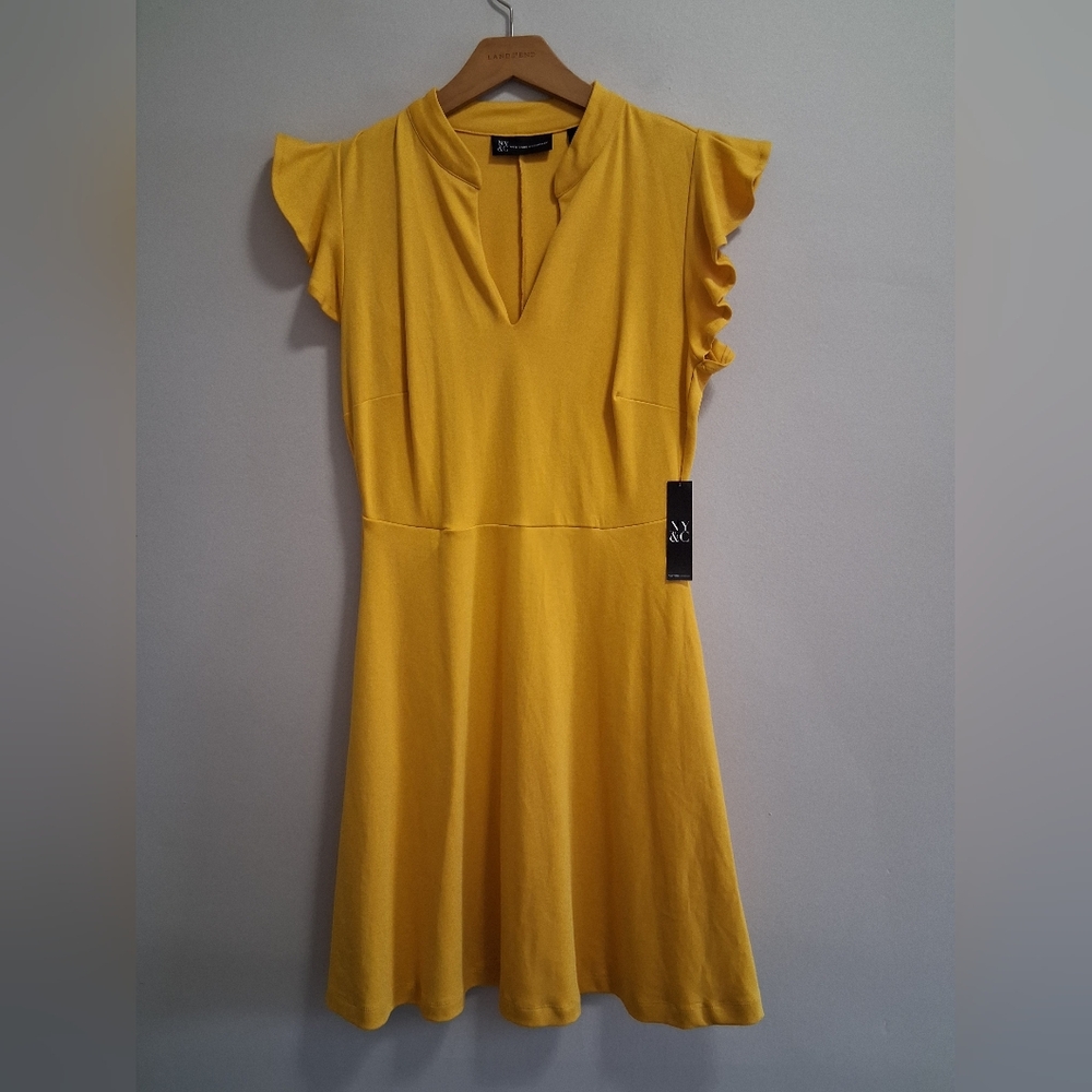 New York and Co NWT Yellow Mini Dress Ruffle Sleeve Size Small
